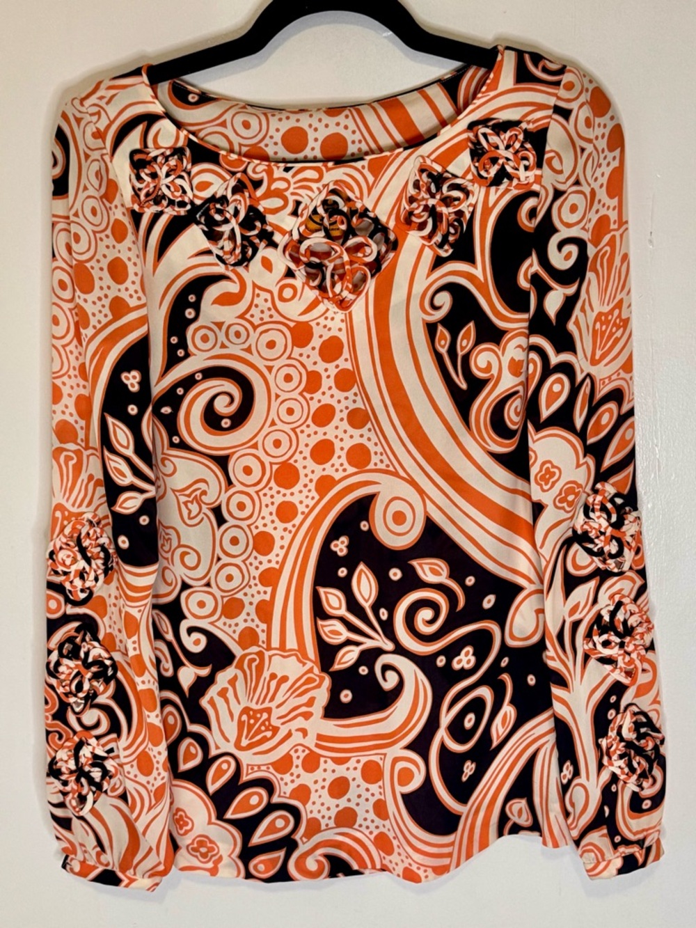 Tory Burch Orange, Black and White Floral-Print Long Sleeve Blouse